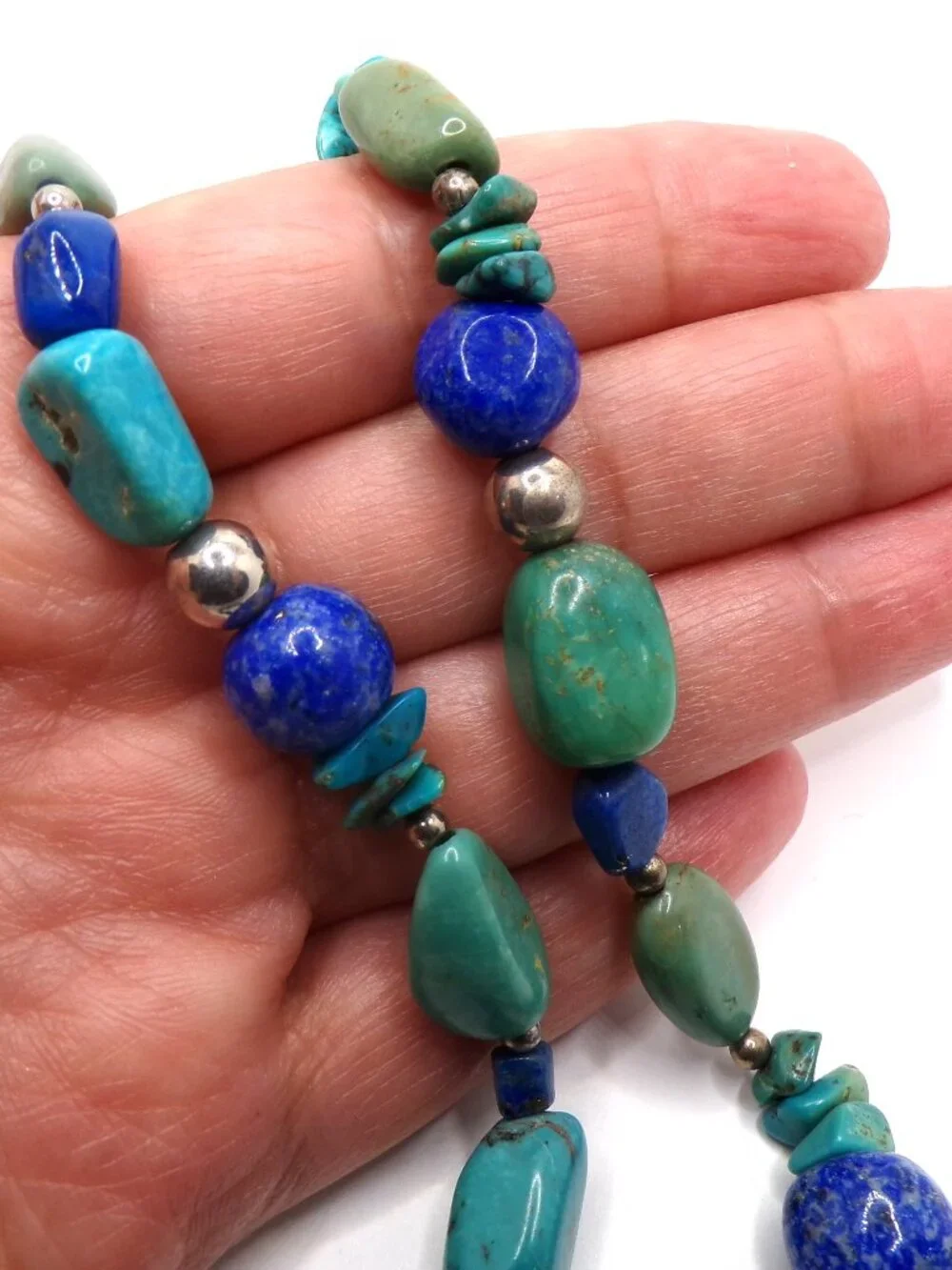 Free-Form Turquoise & Lapis Necklace – Sterling Silver Beads & Clasp